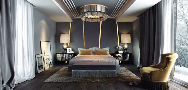 Architectural rendering of guest bedroom with chandelier and seating in Gaziemir, Izmir.