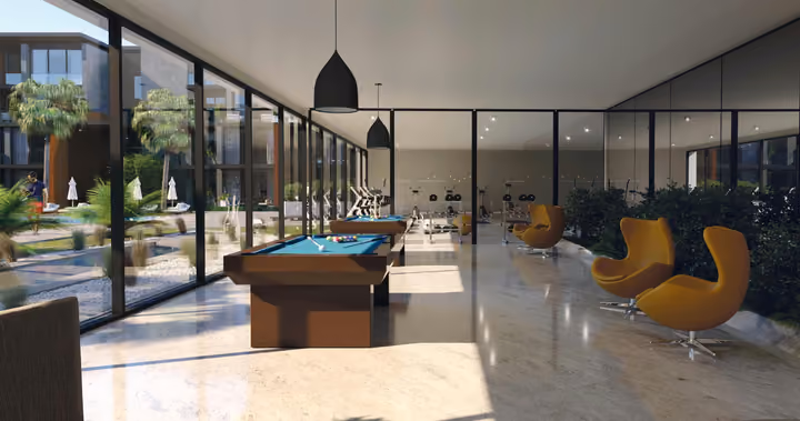 Architectural rendering of shared lounge overlooking the landscaped courtyard in Gaziemir, Izmir.