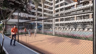 Architectural visualisation of a basketball court within the grounds.