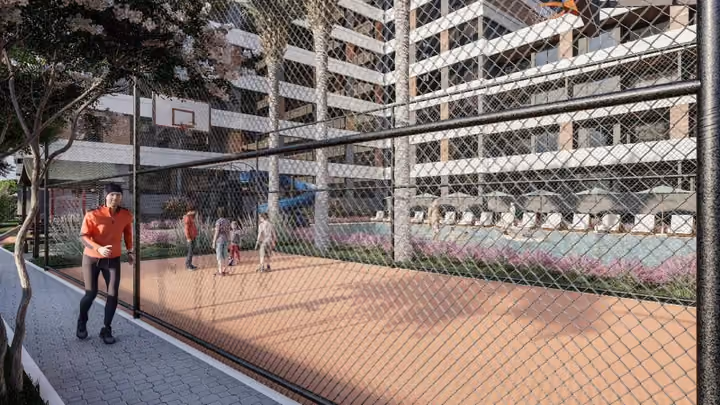 Architectural visualisation of a basketball court within the grounds.