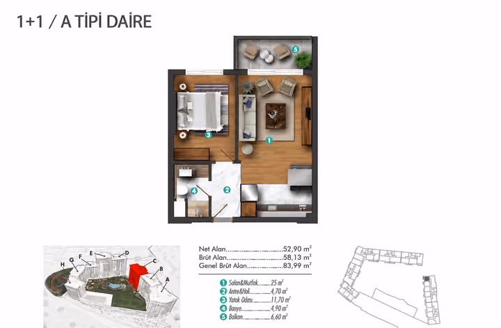 Apartment plan showing 1 bedrooms and 1 bathroom; 58.13 square metres gross and 52.90 square metres net. General gross area is separately labelled in the drawing.