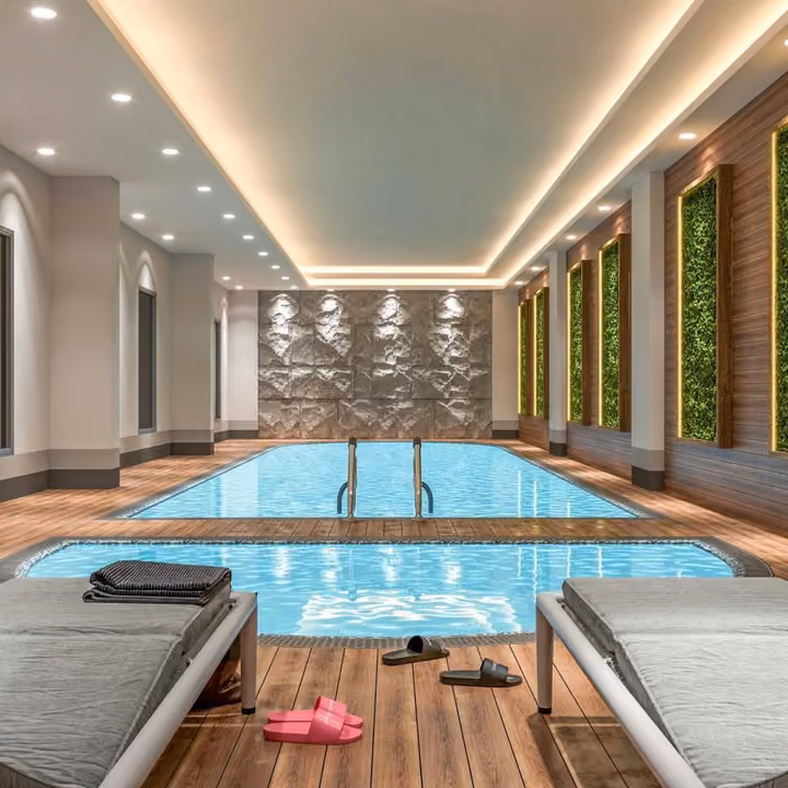 Rendering of the indoor pool and lounge chairs