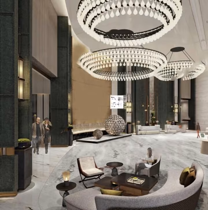 Interior visualisation of the reception lounge and seating.