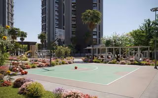 Architectural visualisation of a basketball court beside planted grounds.
