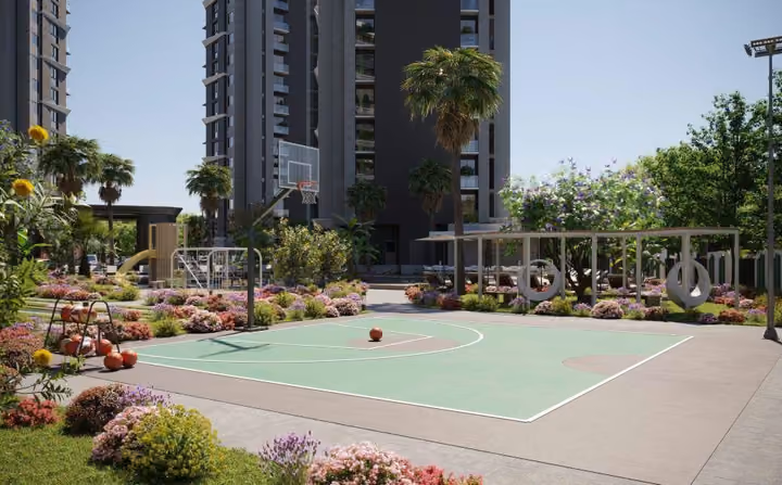 Architectural visualisation of a basketball court beside planted grounds.