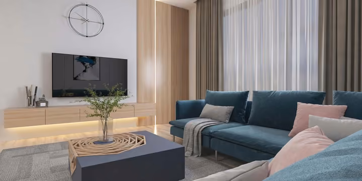 Representative rendering of a living room and media wall