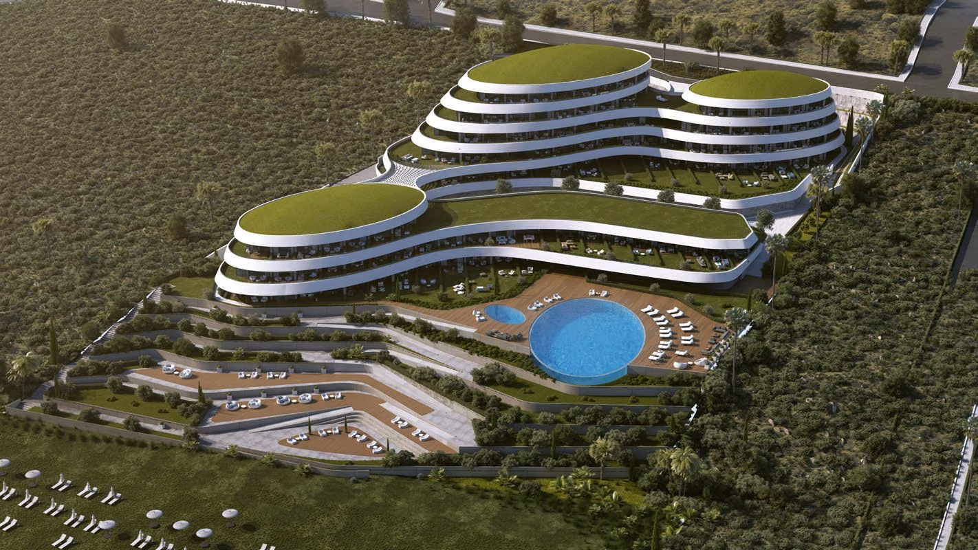 Architectural visualization of the curved residential blocks, shared pool and landscaped site.