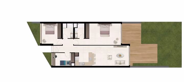 Developer floor-plan illustration of a three-bedroom apartment with two bathrooms and terrace space.