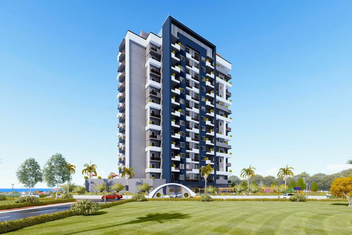 Architectural visualisation of a residential tower and landscaped grounds in Tece.