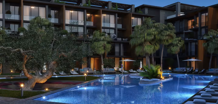 Architectural rendering of illuminated pool courtyard at night in Gaziemir, Izmir.