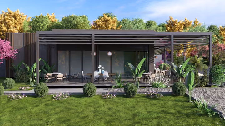 The glazed frontage of a leisure pavilion facing a lawn and planted garden. Architectural render supplied in the project source folder; it illustrates the proposed design.