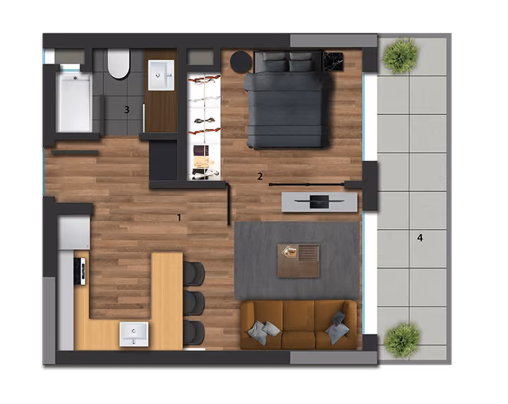 One-bedroom suite floor plan, showing room arrangement and outdoor space.
