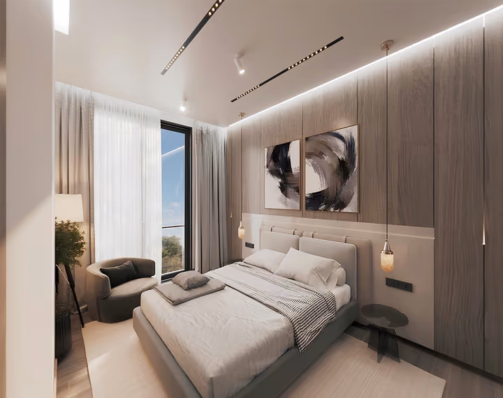 Interior rendering of a bedroom with a double bed and built-in storage.