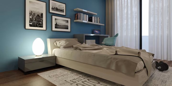 Architectural rendering of bedroom with blue feature wall and framed artwork in Gaziemir, Izmir.