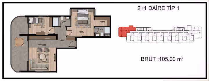 An alternative two-bedroom type 1 plan labels 105 square meters gross; it is project context and is not the 108 square meter sale option.