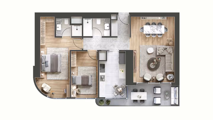 Developer floor-plan illustration of a two-bedroom apartment with two bathrooms.