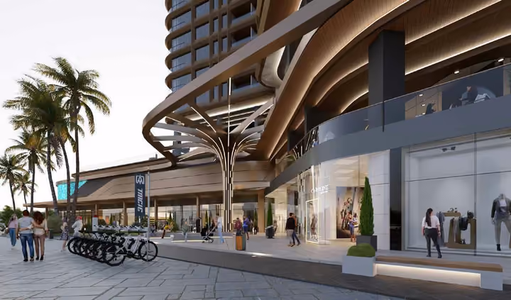 Architectural visualization of the pedestrian frontage and commercial units below the tower.