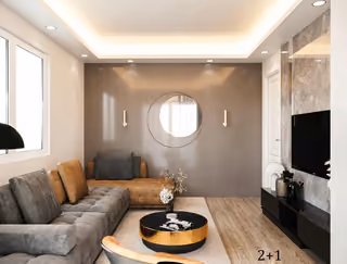 Illustrative living room interior for the two-bedroom apartment type; furnishings are a design example.