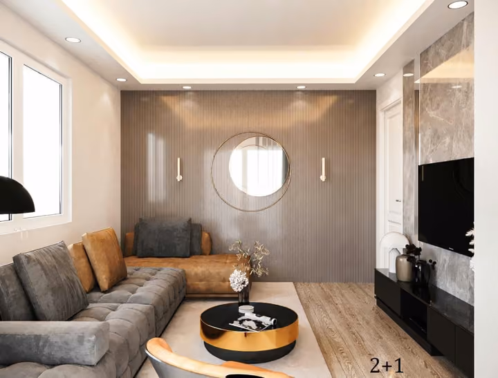 Illustrative living room interior for the two-bedroom apartment type; furnishings are a design example.