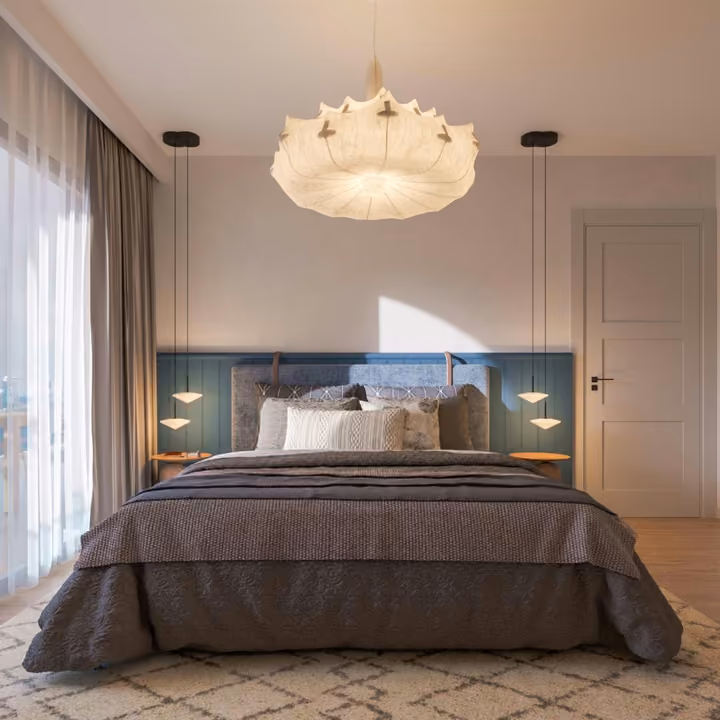 Interior rendering of a bedroom headboard and bedside tables