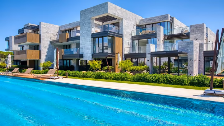 Apartment terraces overlooking the outdoor pool in Boyalik, Cesme.