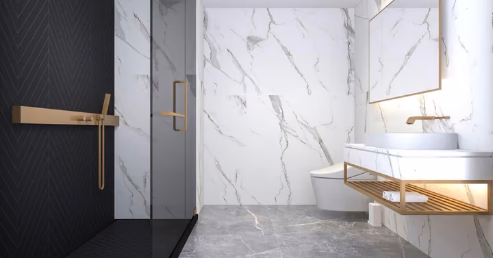Representative bathroom rendering showing a shower and washbasin
