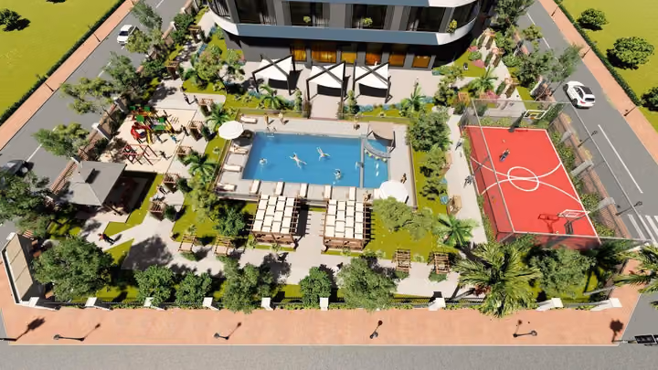 Aerial rendering of the pool, basketball court and landscaped shared areas