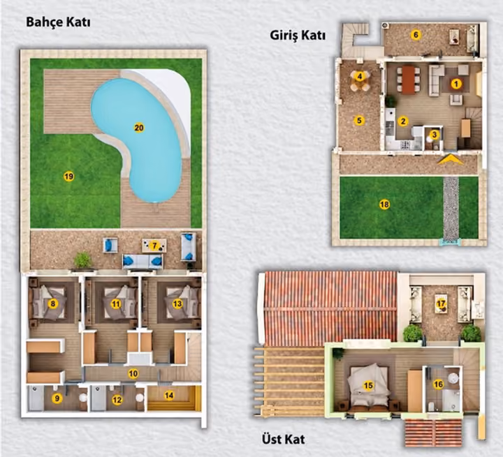 Illustrative floor plan showing three-level villa layout with curved private pool. Catalogue configuration only; not confirmation of a currently available unit.