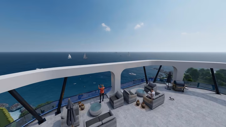 Architectural rendering of a roof terrace overlooking the sea