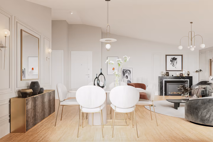 Interior rendering illustrating a dining area beside a living space with wall mouldings and a fireplace in Zekeriyakoy.