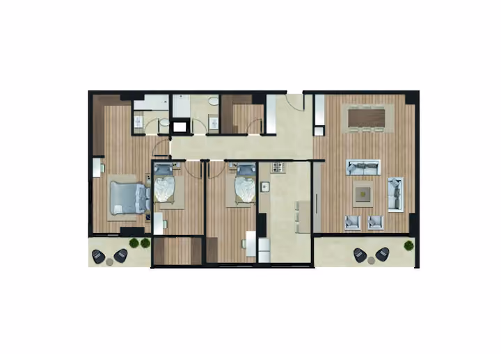 Original catalogue floor-plan illustration for a 3-bedroom apartment with two bathrooms, 133.65 square metres net and 148.00 square metres gross area. Some layouts also have a separate guest WC.