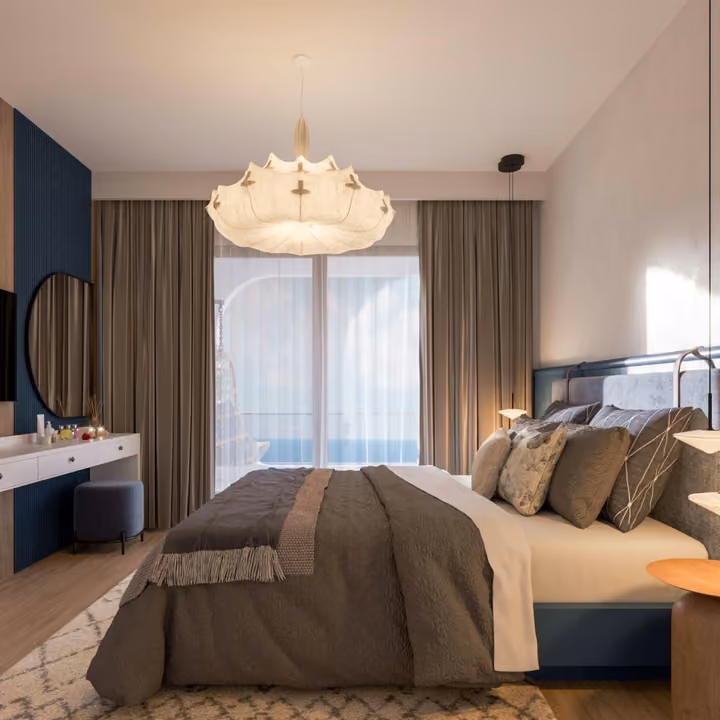 Interior rendering of a bedroom with a window and dressing table