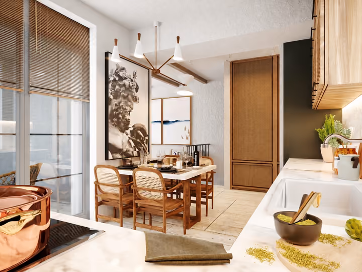 Architectural rendering of kitchen worktop looking toward the dining room in Alacati, Cesme.