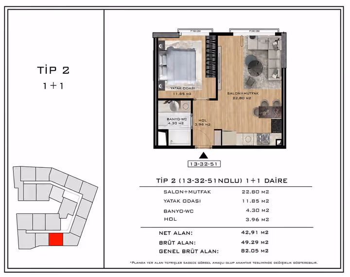 Type 2 one-bedroom floor plan with living room and kitchen, bedroom, bathroom and entrance hall. General gross area 82.05 m².