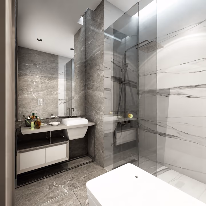 Rendering of a bathroom with a glass shower enclosure, stone-effect wall finishes and a basin vanity.
