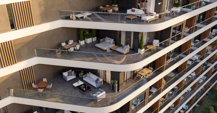 Architectural visualization of stacked balconies and furnished outdoor living areas.