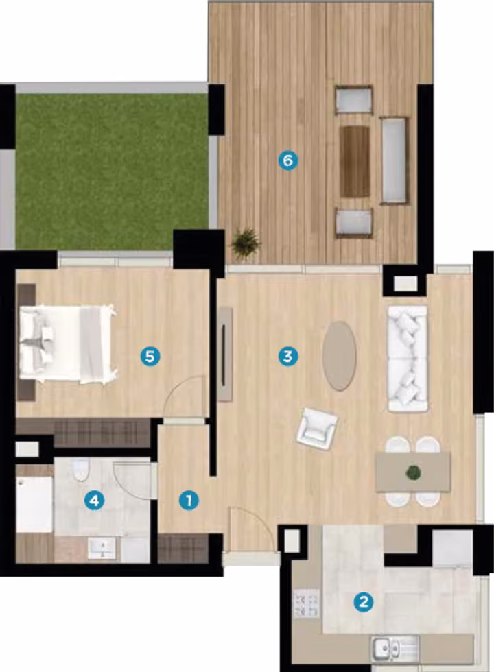 Illustrative one bedroom apartment floor plan in Boyalik, Cesme.