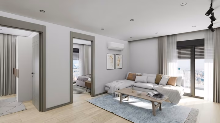 Interior visualisation of a living room connected to an open kitchen.