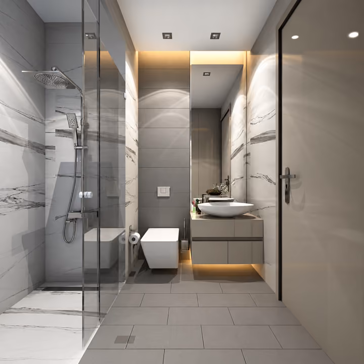 Interior rendering of a bathroom with a glass shower enclosure and toilet.