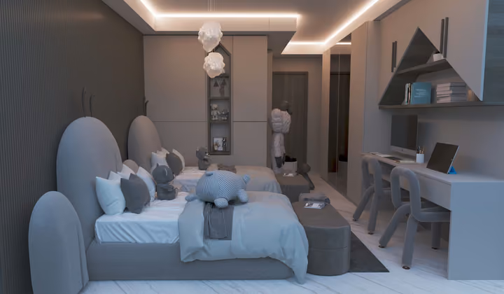 A bedroom with twin beds, a study desk and display shelving. Architectural render supplied in the project source folder; it illustrates the proposed design.