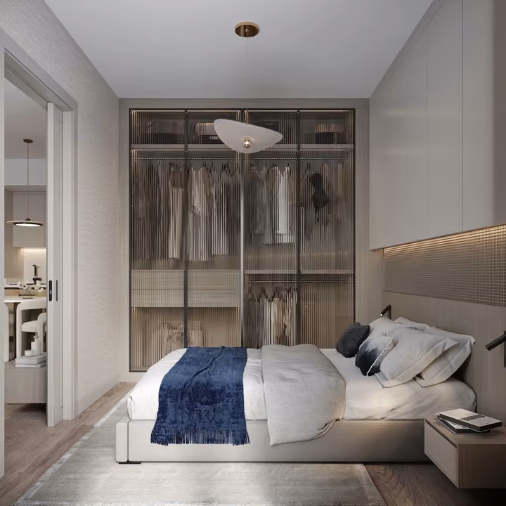 Interior rendering of the bedroom in a one-bedroom apartment in Topkapi