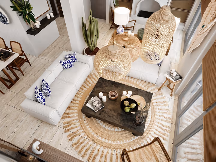 Architectural rendering of overhead view of the seating and dining arrangement in Alacati, Cesme.