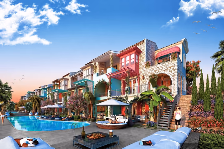 Architectural rendering of colourful waterfront residences beside a curved pool in Alacati, Cesme.