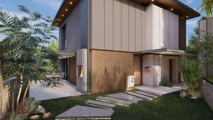 A villa entrance with broad windows, planted borders and a side terrace. Architectural render supplied in the project source folder; it illustrates the proposed design.