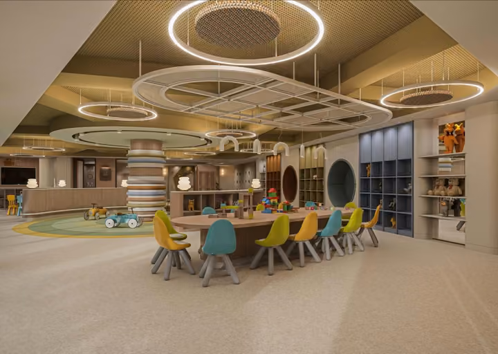 Architectural visualisation of the indoor children's playroom.