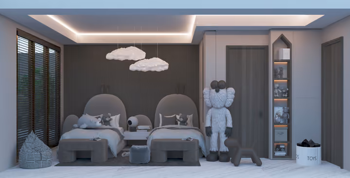 A front view of twin beds, shelving and decorative lighting. Architectural render supplied in the project source folder; it illustrates the proposed design.