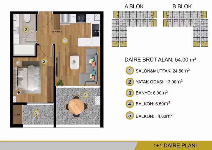 One-bedroom plan marked 54 square metres gross with one bathroom and two balconies.