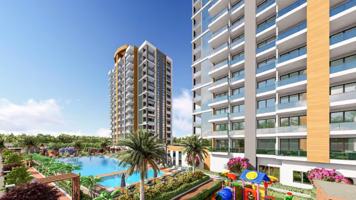 Rendering of the residential towers, outdoor pool and landscaped gardens