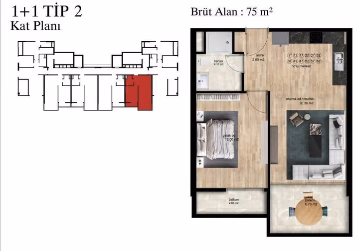 Offered one-bedroom plan showing 75 square meters gross, one full bathroom and two balconies