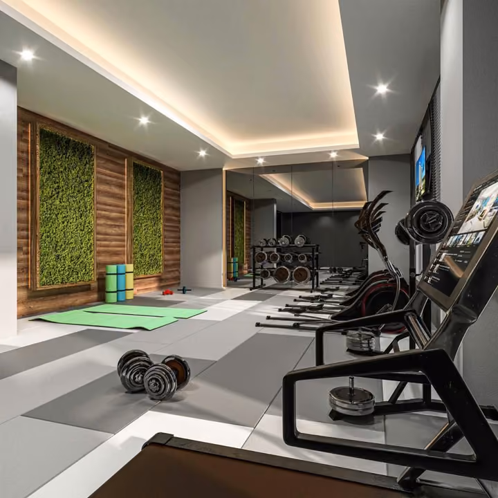 Rendering of the fitness room with weights and exercise equipment